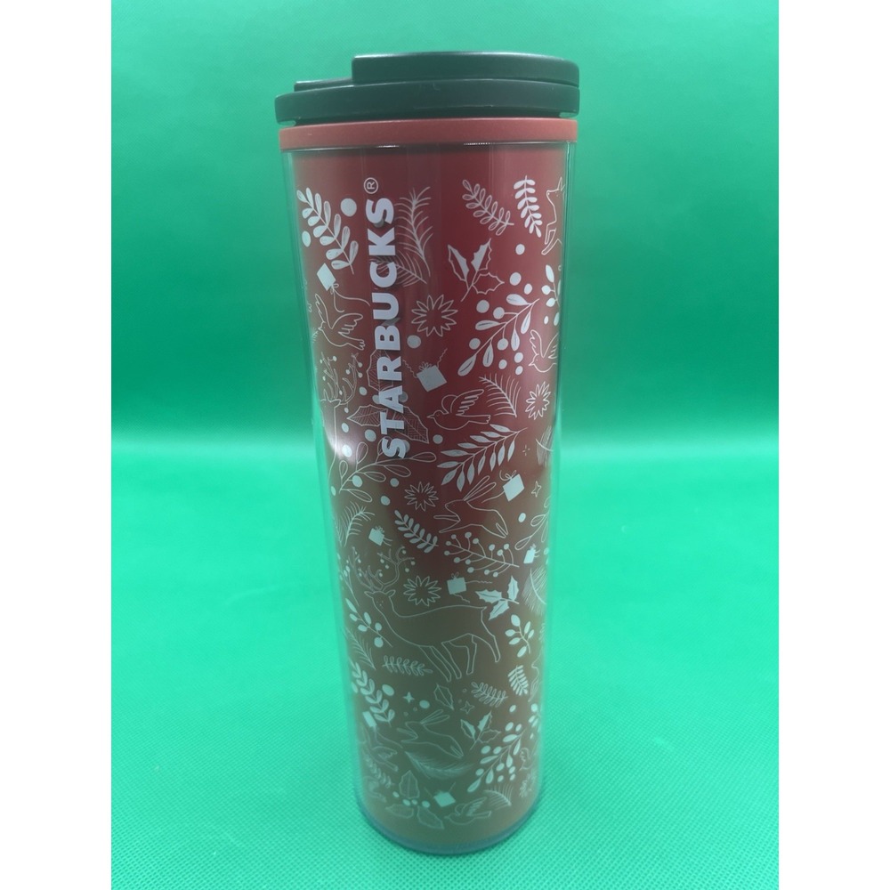 Starbucks Holiday Travel Tumbler Mug Red/White Christmas Deer, Fox, Floral 2018